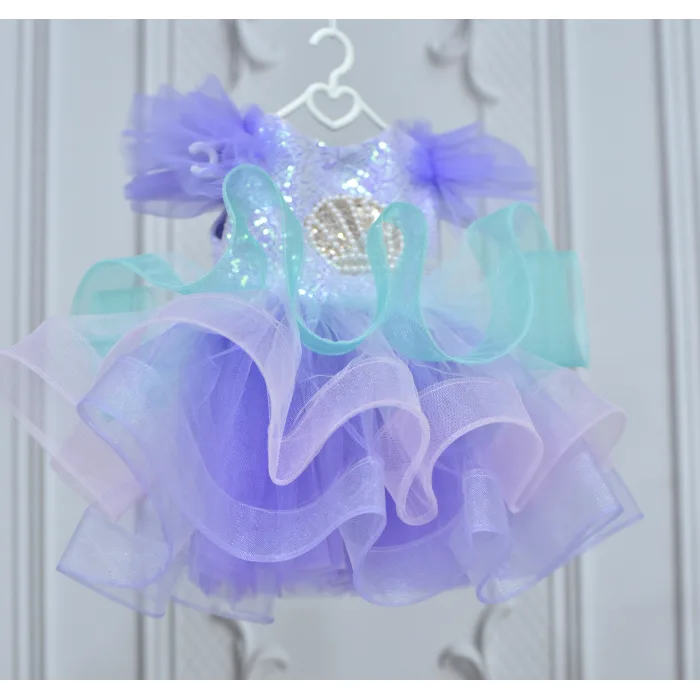 Lila Deniz Konsepti Deniz Kabuğu İşlemeli Çift Omuz Kabarık Gelinlik Elbise