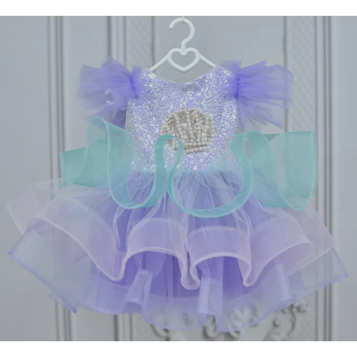 Lila Deniz Konsepti Deniz Kabuğu İşlemeli Çift Omuz Kabarık Gelinlik Elbise