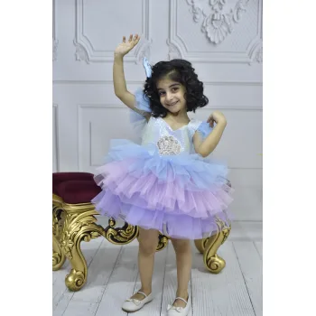 Lila Deniz Konsepti Tütülü Deniz Kabuğu Figür İşlemeli Çift Omuz Kabarık Gelinlik Elbise