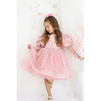 Kız Çocuk Pudra Boncuklu Payetli işleme Balon Kol ve Düz Kol Detaylı Kabarık Elbise