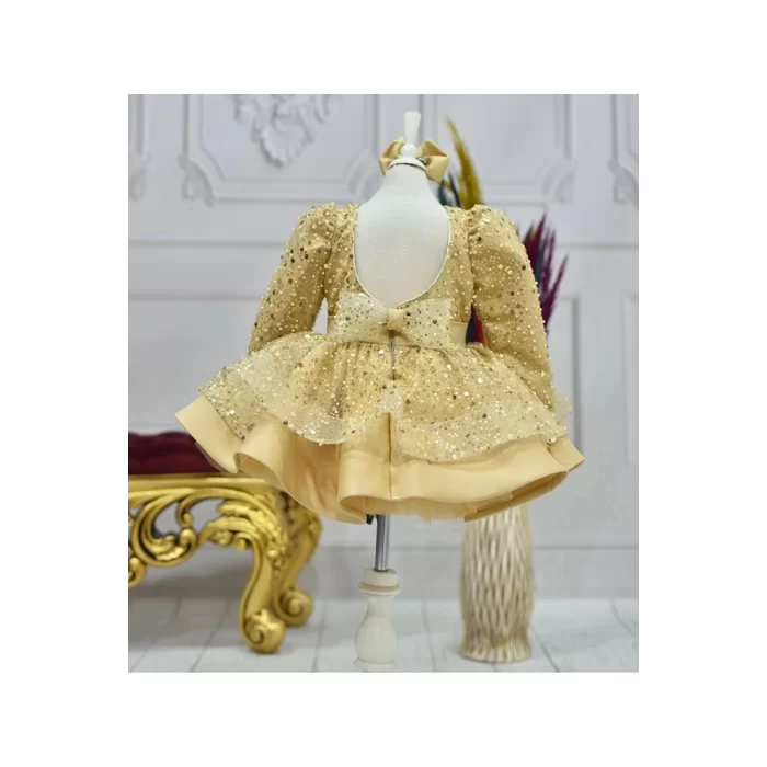 Kız Çocuk Gold Payetli Boncuklu Etekli Arka Oval Uzun Kol Kabarık Elbise
