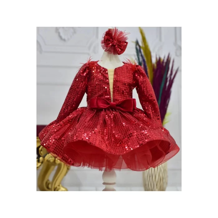 Kız Çocuk Kırmızı Payetli Ön Dekolteli Kol Tüy Detaylı Uzun Kol Kabarık Elbise