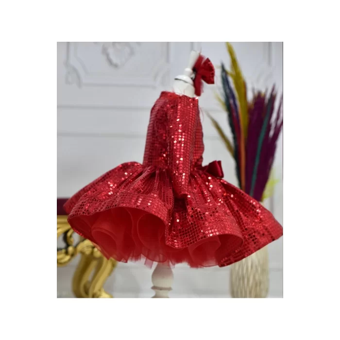 Kız Çocuk Kırmızı Payetli Ön Dekolteli Kol Tüy Detaylı Uzun Kol Kabarık Elbise