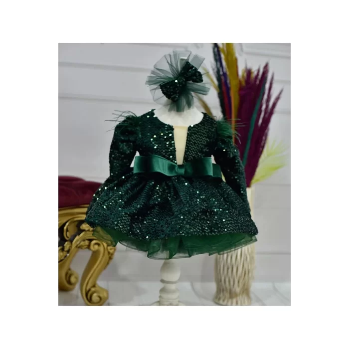 Kız Çocuk Zümrüt Yeşili Payetli Ön Dekolteli Kol Tüy Detaylı Uzun Kol Kabarık Elbise