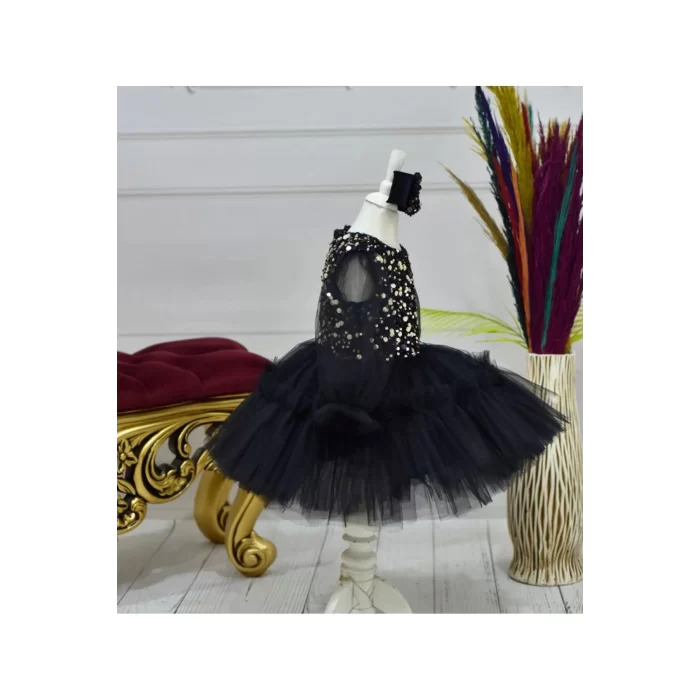 Kız Çocuk Siyah Payetli Kol Tül Şeffaf Etek Büzgülü Kabarık Elbise