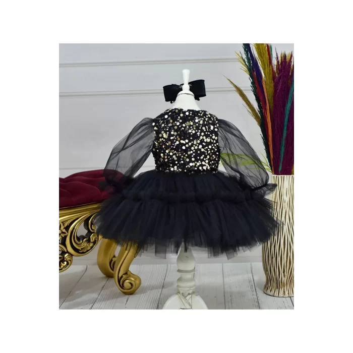 Kız Çocuk Siyah Payetli Kol Tül Şeffaf Etek Büzgülü Kabarık Elbise
