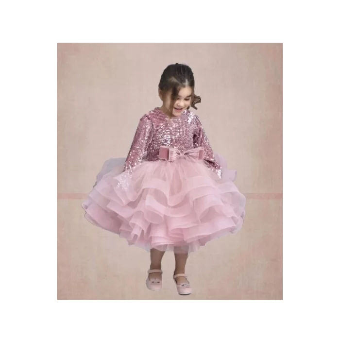 Kız Çocuk Pudra Payetli Yuvarlak Yaka Ön Fiyonk Grenli Kabarık Elbise
