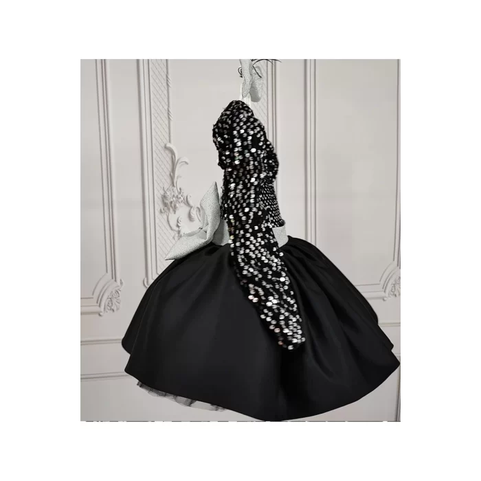 Kız Çocuk Siyah Payetli Gri Parıltılı Kemerli Saten Etekli Kabarık Elbise