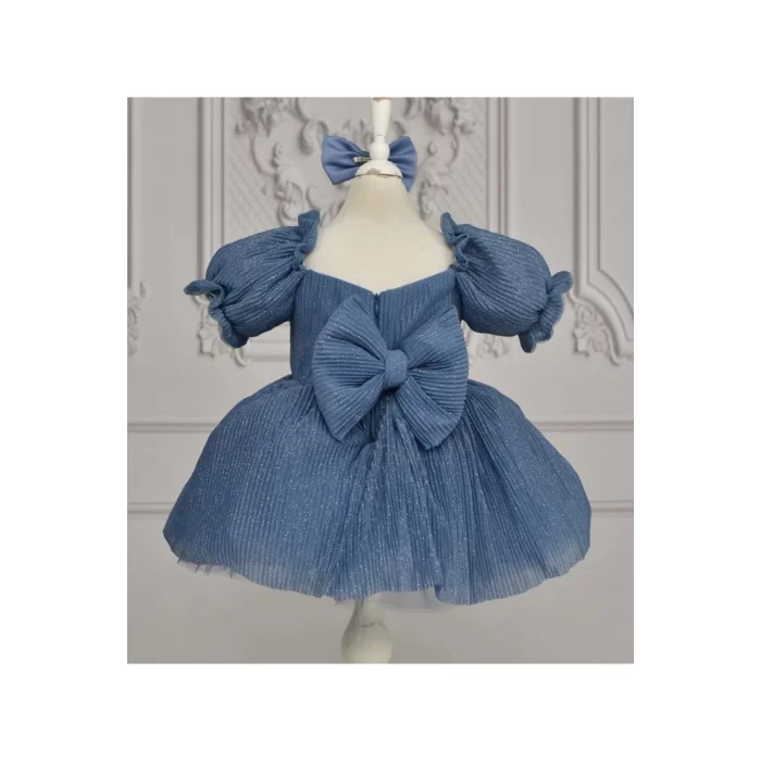 Kız Çocuk indigo Parıltılı Kalp Detaylı Prenses Kol Kabarık Elbise