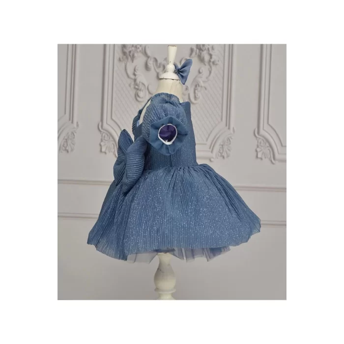 Kız Çocuk indigo Parıltılı Kalp Detaylı Prenses Kol Kabarık Elbise