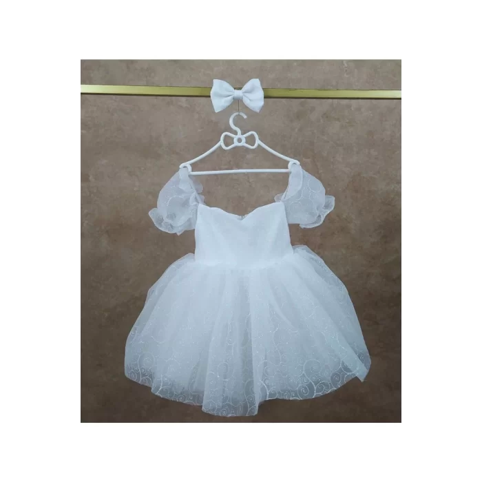 Kız Çocuk Beyaz Dalgalı Parıltılı Kalp Detaylı Prenses Kollu Kabarık Elbise