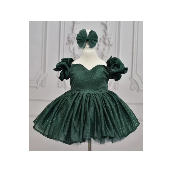 Kız Çocuk Zümrüt Yeşilli Parıltılı Kalp Detaylı Prenses Kol Kabarık Elbise