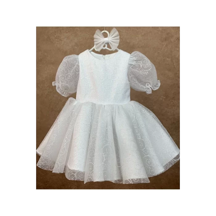 Kız Çocuk Beyaz Parıltılı Dalgalı Tül Kabarık Elbise