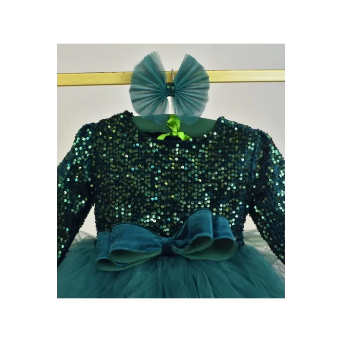 Kız Çocuk Zümrüt Yeşili Payetli Kadife Ekstra Kabarık Elbise