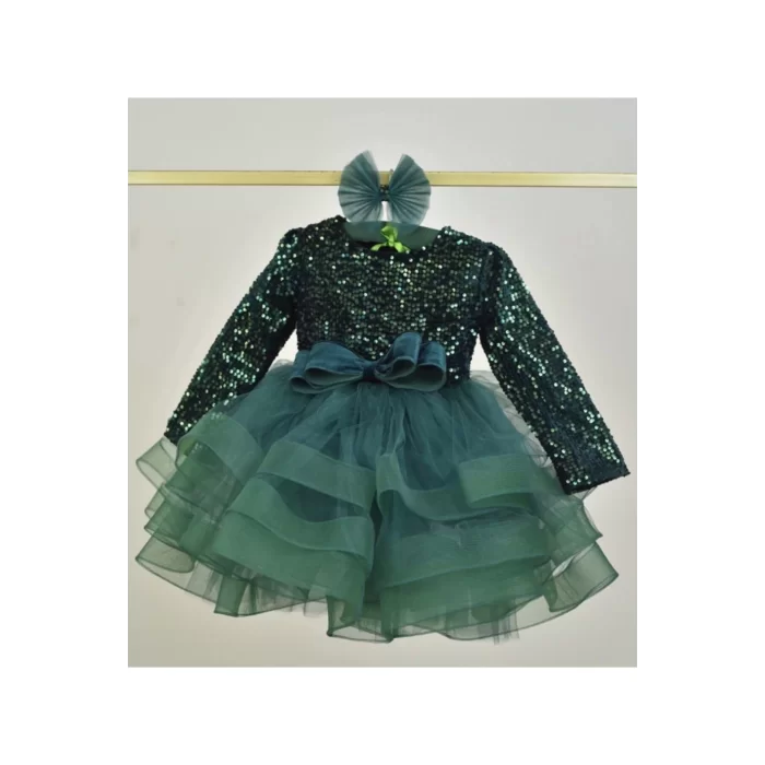 Kız Çocuk Zümrüt Yeşili Payetli Kadife Ekstra Kabarık Elbise