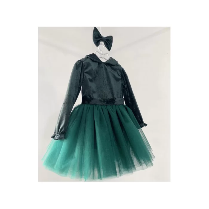 Kız Çocuk Zümrüt Yeşili Kadife Tütülü Elbise