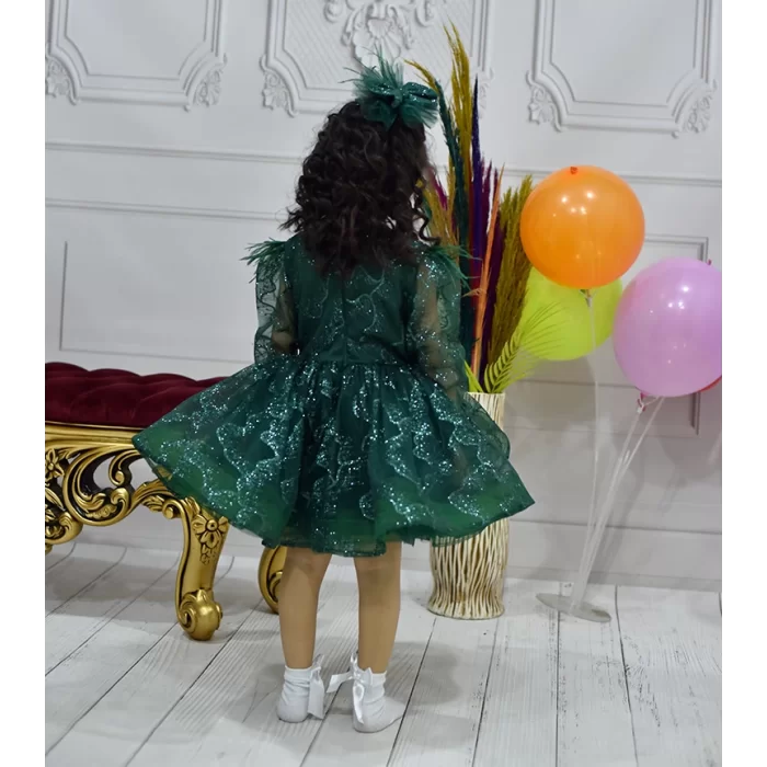Kız Çocuk Parıltılı Ön Dekolteli Uzun Kol Grenli Kabarık Abiye Elbise