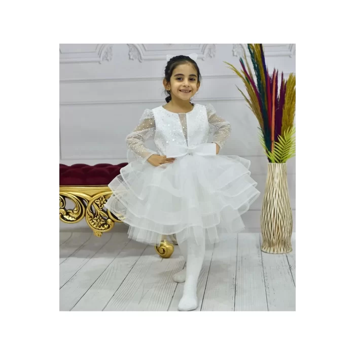 Kız Çocuk Beyaz Payetli Boncuklu Önü V Detaylı Uzun Kol Kabarık Elbise