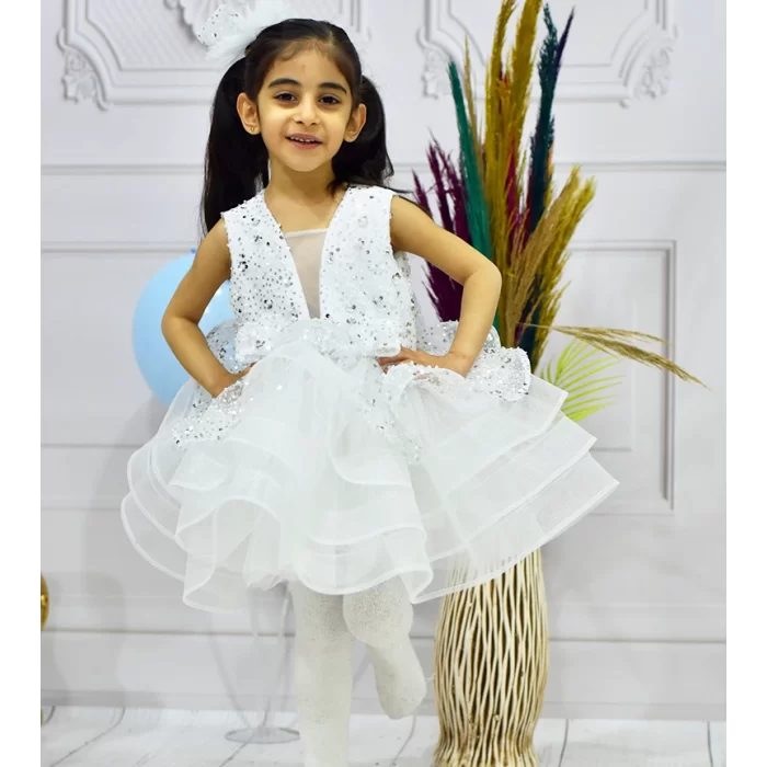 Kız Çocuk Beyaz Taşlı Boncuklu Kabarık Parıltılı Elbise
