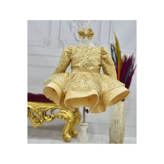 Kız Çocuk Gold Payetli Boncuklu Etekli Arka Oval Uzun Kol Kabarık Elbise