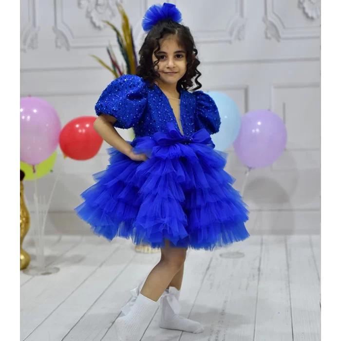 Kız Çocuk Saks Mavisi Boncuklu Payetli 5 Katlı Ön Dekolteli Kabarık Abiye Elbise