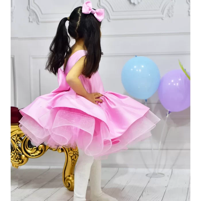 Kız Çocuk Şeker Pembesi Saten Gren Kabarık Harika Elbise