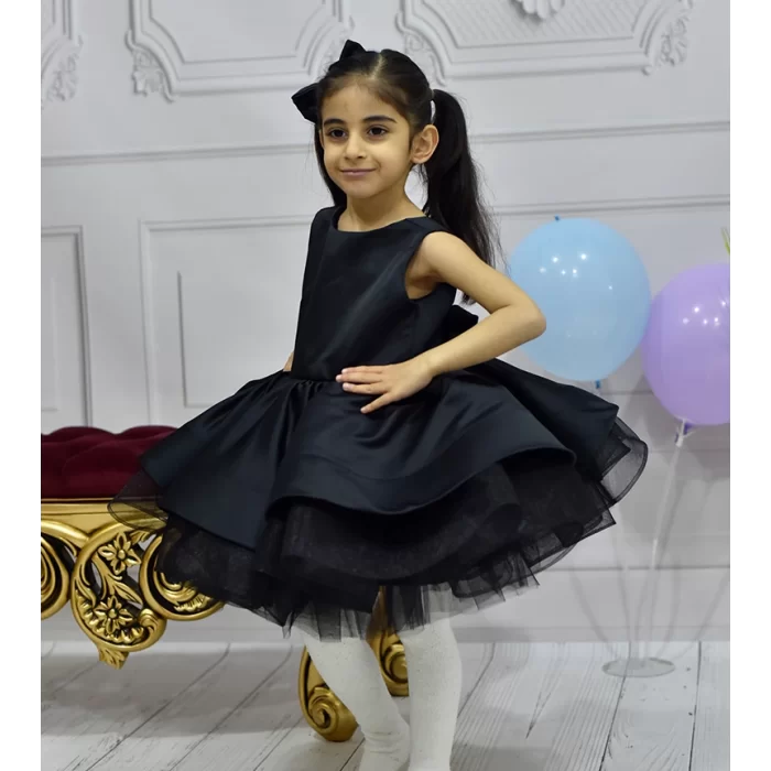 Kız Çocuk Siyah Saten Gren Kabarık Harika Elbise