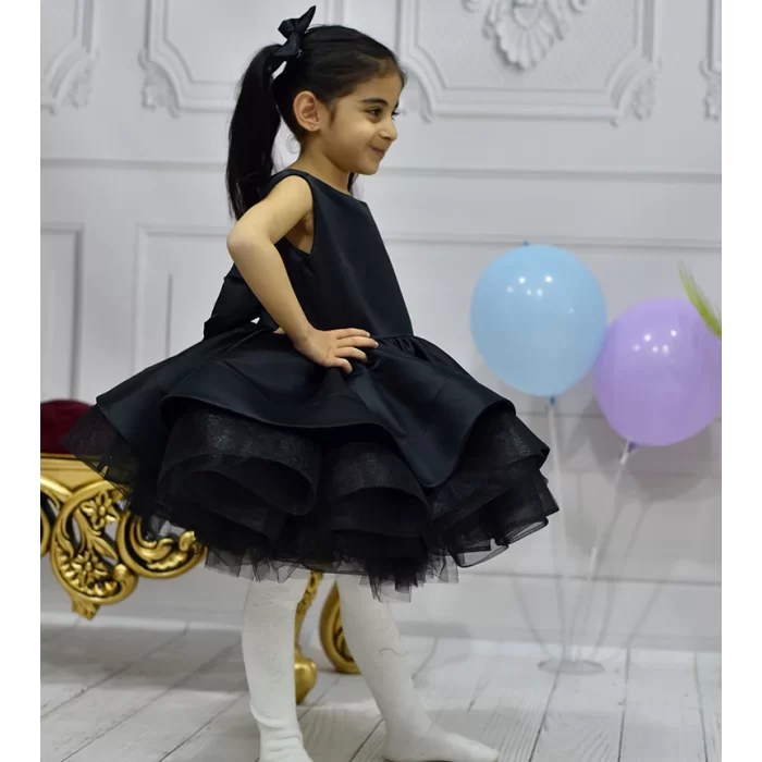 Kız Çocuk Siyah Saten Gren Kabarık Harika Elbise