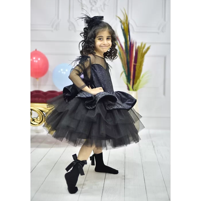 Kız Çocuk Siyah Simli Parıltılı Gren Etekli Prenses Kol Kabarık Elbise
