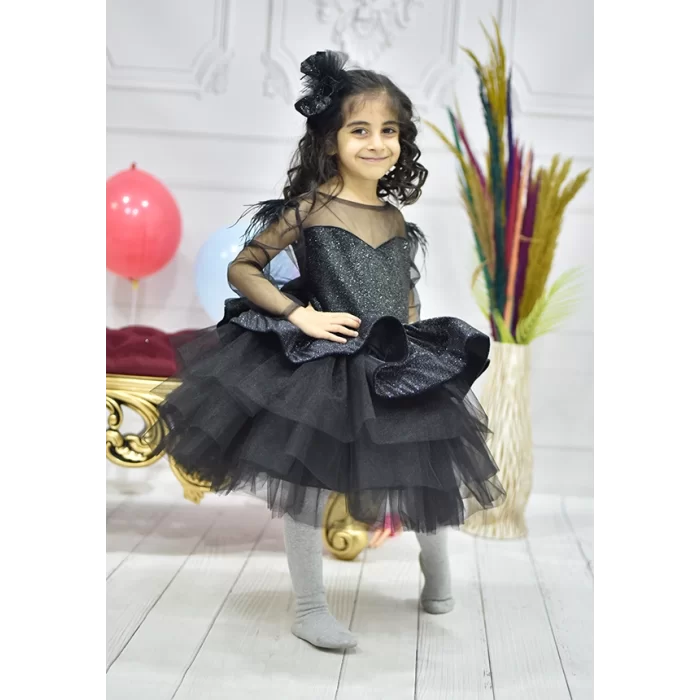 Kız Çocuk Siyah Simli Parıltılı Gren Etekli Prenses Kol Kabarık Elbise