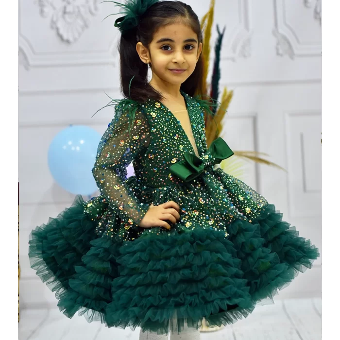 Kız Çocuk Zümrüt Yeşili Taşlı Boncuklu Kabarık Parıltılı Elbise Elbise