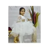 Kız Çocuk Beyaz Payetli Boncuklu Önü V Detaylı Uzun Kol Kabarık Elbise