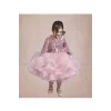 Kız Çocuk Pudra Payetli Yuvarlak Yaka Ön Fiyonk Grenli Kabarık Elbise