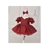 Kız Çocuk Bordo Parıltılı Kabarık Kalp Detaylı Balon Kol Elbise Abiye
