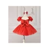 Kız Çocuk Kırmızı Parıltılı Kalp Detaylı Balon Kol Elbise