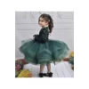 Kız Çocuk Zümrüt Yeşili Payetli Kadife Ekstra Kabarık Önden Üçgen Dekolteli Elbise