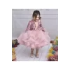 Kız Çocuk Pudra Payetli Kadife Ekstra Kabarık Önden Üçgen Dekolteli Elbise