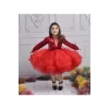 Kız Çocuk Kırmızı Payetli Kadife Ekstra Kabarık Önden Üçgen Dekolteli Elbise