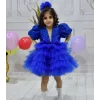 Kız Çocuk Saks Mavisi Boncuklu Payetli 5 Katlı Ön Dekolteli Kabarık Abiye Elbise