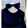 Kız Çocuk Lacivert Kadife Bebe Yakalı Uzun Kol Kabarık Parıltılı Elbise