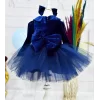 Kız Çocuk Lacivert Kadife Bebe Yakalı Uzun Kol Kabarık Parıltılı Elbise