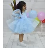 Kız Çocuk Bebe Mavisi Boncuklu Payetli Kalp Detaylı Grenli Kabarık Abiye Elbise