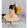 Kız Çocuk Somon Parıltılı Ön Dekolteli Uzun Kol Grenli Kabarık Abiye Elbise
