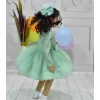 Kız Çocuk Su Yeşili Parıltılı Ön Dekolteli Uzun Kol Grenli Kabarık Abiye Elbise