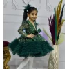 Kız Çocuk Zümrüt Yeşili Taşlı Boncuklu Kabarık Parıltılı Elbise Elbise