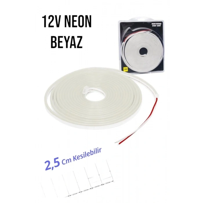 12 Volt Neon Şerit LED Beyaz 5 Metre Rulo
