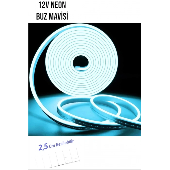 12 Volt Neon Şerit LED Buz Mavisi 5 Metre Rulo
