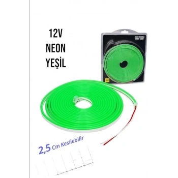 12 Volt Neon Şerit LED Yeşil 5 Metre Rulo