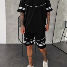 Şerit Detay Oversize Şortlu Takım Siyah