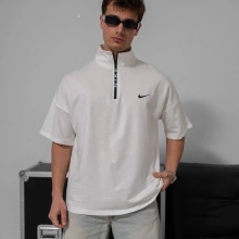 Dik Yaka NK Unisex Oversize Tshirt - Beyaz